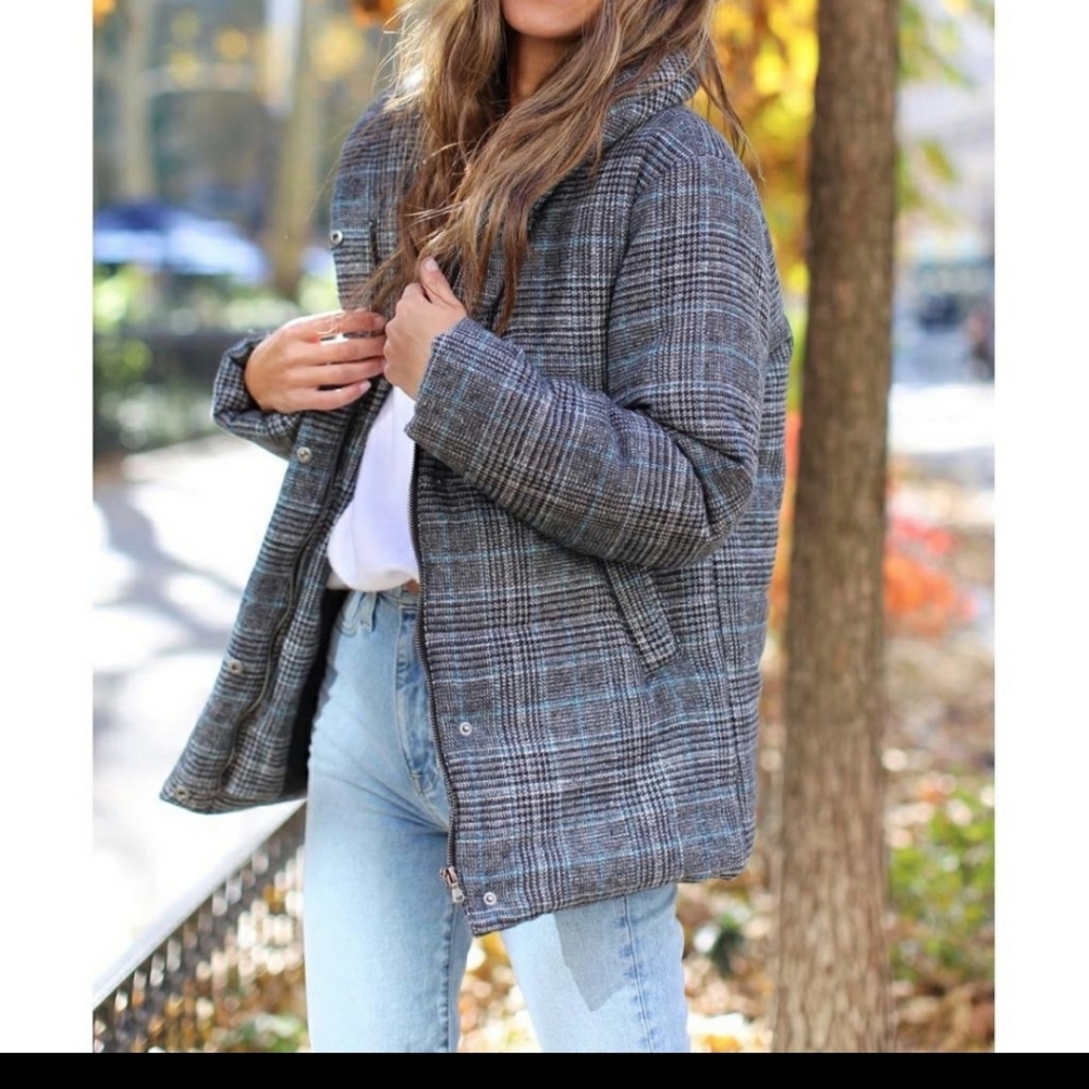 NWOT Something Navy Plaid Puffer Jacket XS - Picture 1 of 6
